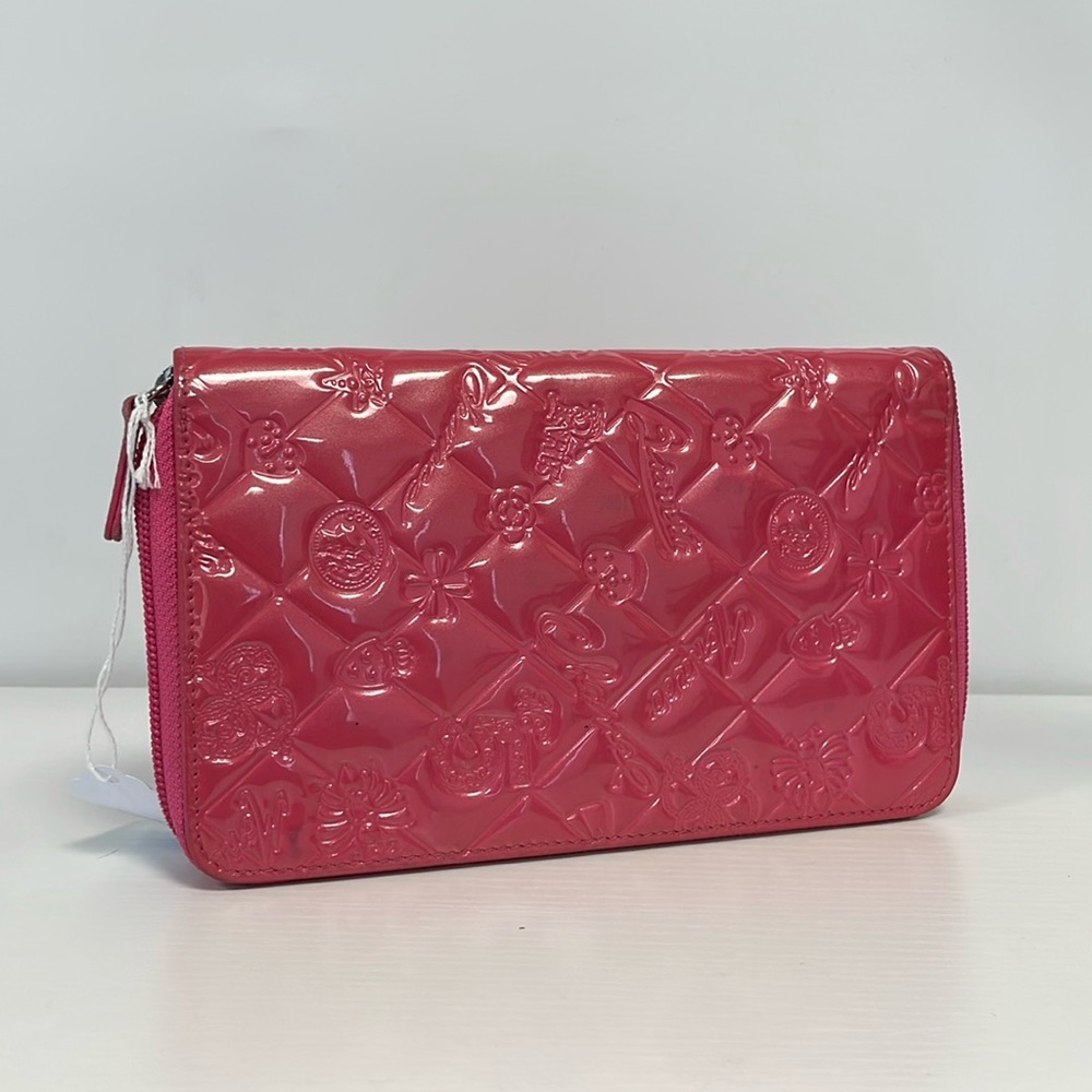 81720 Chanel Pink Patent Lucky Symbols Zip Around Wide Long Wallet/Organizer.